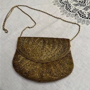 Vintage Gold Beaded Clutch w/Gold Metal Brass Strap.  8x6 Pristine  Never Used.